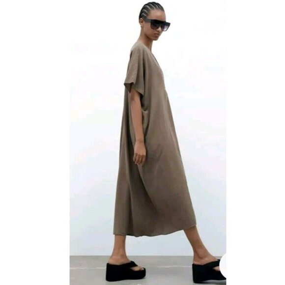 ZARA Linen Lyocell Tunic Dress with Pleat L Chest 54" Khaki Kaftan 4877 049 - Picture 4 of 7